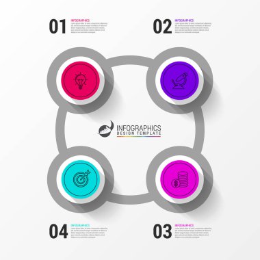 Infographic tasarım şablonu. Dört adımlı yaratıcı bir kavram. İş akışı düzeni, diyagram, pankart, web tasarımı için kullanılabilir. Vektör illüstrasyonu