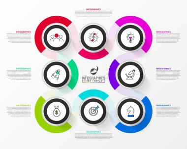 Infographic tasarım şablonu. 8 adımlı yaratıcı bir kavram. İş akışı düzeni, diyagram, pankart, web tasarımı için kullanılabilir. Vektör illüstrasyonu