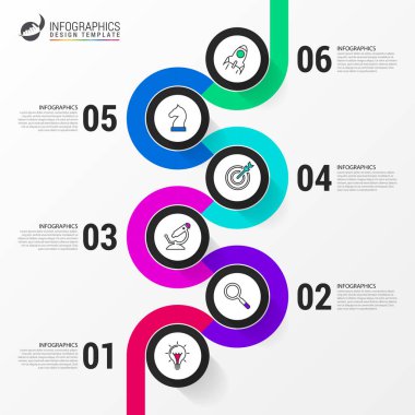 Infographic tasarım şablonu. Zaman çizelgesi kavramı ile 6 adım