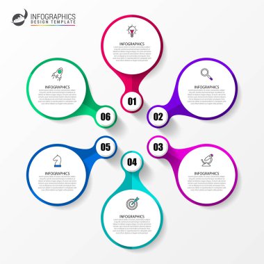 Infographic tasarım şablonu. 6 basamaklı yaratıcı bir kavram. İş akışı düzeni, diyagram, pankart, web tasarımı için kullanılabilir. Vektör illüstrasyonu