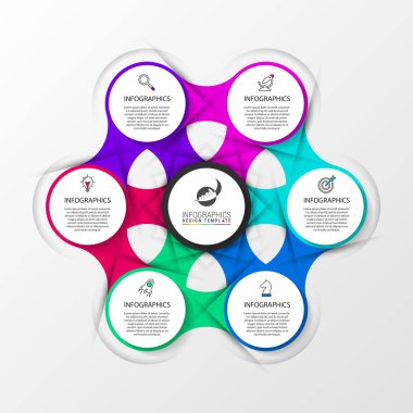 Infographic tasarım şablonu. 6 basamaklı yaratıcı bir kavram. İş akışı düzeni, diyagram, pankart, web tasarımı için kullanılabilir. Vektör illüstrasyonu