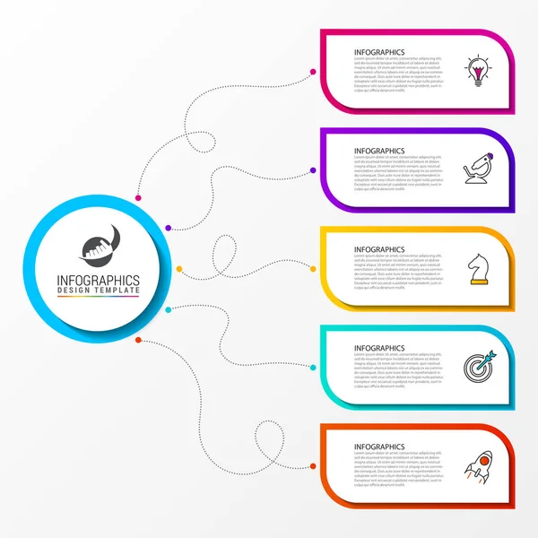 Infographic tasarım şablonu. 5 adımlı yaratıcı bir kavram. İş akışı düzeni, diyagram, pankart, web tasarımı için kullanılabilir. Vektör illüstrasyonu