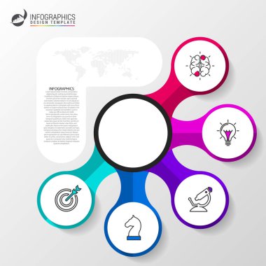 Infographic tasarım şablonu. 5 adımlı yaratıcı bir kavram. İş akışı düzeni, diyagram, pankart, web tasarımı için kullanılabilir. Vektör illüstrasyonu