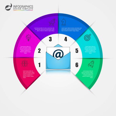 Infographic tasarım şablonu. 6 basamaklı yaratıcı bir kavram. İş akışı düzeni, diyagram, pankart, web tasarımı için kullanılabilir. Vektör illüstrasyonu