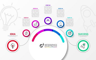 Infographic tasarım şablonu. 5 adımlı yaratıcı bir kavram. İş akışı düzeni, diyagram, pankart, web tasarımı için kullanılabilir. Vektör illüstrasyonu