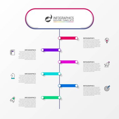 Infographic tasarım şablonu. 6 adımlı zaman çizelgesi konsepti. İş akışı düzeni, diyagram, pankart, web tasarımı için kullanılabilir. Vektör illüstrasyonu