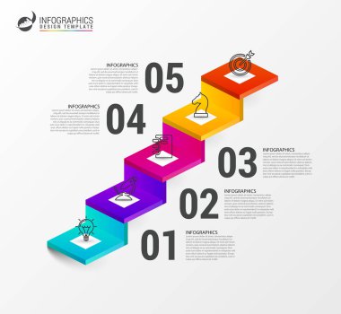 Infographic tasarım şablonu. 5 adımlı yaratıcı bir kavram. İş akışı düzeni, diyagram, pankart, web tasarımı için kullanılabilir. Vektör illüstrasyonu