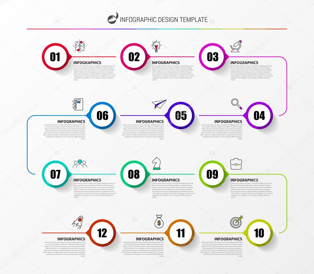 Infographic design template. Timeline concept with 12 steps. Can be used for workflow layout, diagram, banner, webdesign. Vector illustration