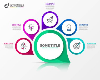 Infographic tasarım şablonu. 5 adımlı yaratıcı bir kavram. İş akışı düzeni, diyagram, pankart, web tasarımı için kullanılabilir. Vektör illüstrasyonu