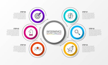 Infographic tasarım şablonu. 6 basamaklı yaratıcı bir kavram. İş akışı düzeni, diyagram, pankart, web tasarımı için kullanılabilir. Vektör illüstrasyonu