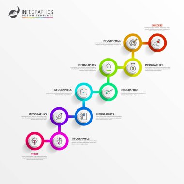Infographic tasarım şablonu. 10 adımlı zaman çizelgesi konsepti. İş akışı düzeni, diyagram, pankart, web tasarımı için kullanılabilir. Vektör illüstrasyonu