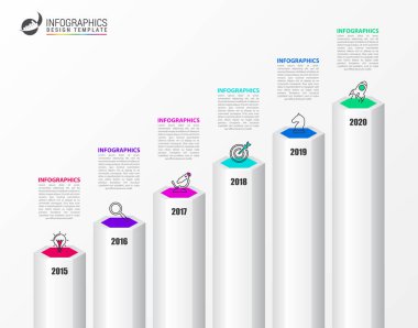 Infographic tasarım şablonu. 6 basamaklı yaratıcı bir kavram. İş akışı düzeni, diyagram, pankart, web tasarımı için kullanılabilir. Vektör illüstrasyonu