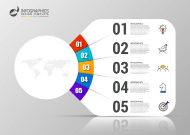 Infographic tasarım şablonu. 5 adımlı yaratıcı bir kavram. İş akışı düzeni, diyagram, pankart, web tasarımı için kullanılabilir. Vektör illüstrasyonu