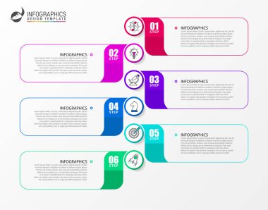 Infographic tasarım şablonu. 6 basamaklı yaratıcı bir kavram. İş akışı düzeni, diyagram, pankart, web tasarımı için kullanılabilir. Vektör illüstrasyonu