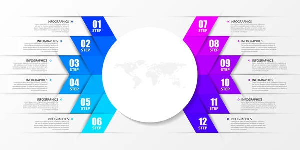 Infographic tasarım şablonu. 12 adımlı yaratıcı bir kavram. İş akışı düzeni, diyagram, pankart, web tasarımı için kullanılabilir. Vektör illüstrasyonu