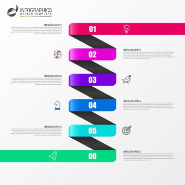 Infographic tasarım şablonu. 6 basamaklı yaratıcı bir kavram. İş akışı düzeni, diyagram, pankart, web tasarımı için kullanılabilir. Vektör illüstrasyonu