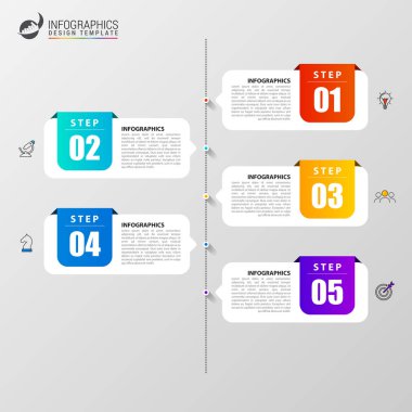 Infographic tasarım şablonu. 5 adımlı zaman çizelgesi konsepti. İş akışı düzeni, diyagram, pankart, web tasarımı için kullanılabilir. Vektör illüstrasyonu