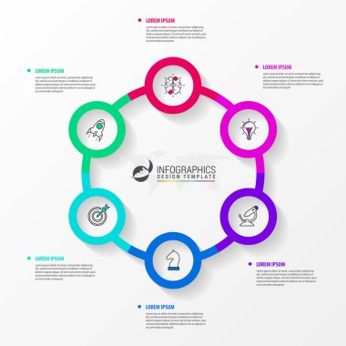 Infographic tasarım şablonu. 6 basamaklı yaratıcı bir kavram. İş akışı düzeni, diyagram, pankart, web tasarımı için kullanılabilir. Vektör illüstrasyonu