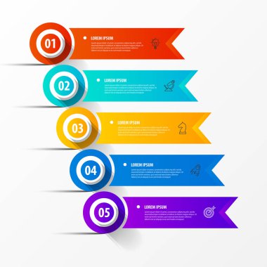 Infographic tasarım şablonu. 5 adımlı yaratıcı bir kavram. İş akışı düzeni, diyagram, pankart, web tasarımı için kullanılabilir. Vektör illüstrasyonu