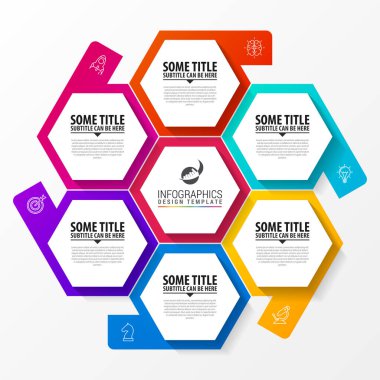 Infographic tasarım şablonu. 6 basamaklı yaratıcı bir kavram. İş akışı düzeni, diyagram, pankart, web tasarımı için kullanılabilir. Vektör illüstrasyonu