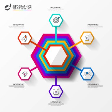Infographic tasarım şablonu. 6 basamaklı yaratıcı bir kavram. İş akışı düzeni, diyagram, pankart, web tasarımı için kullanılabilir. Vektör illüstrasyonu