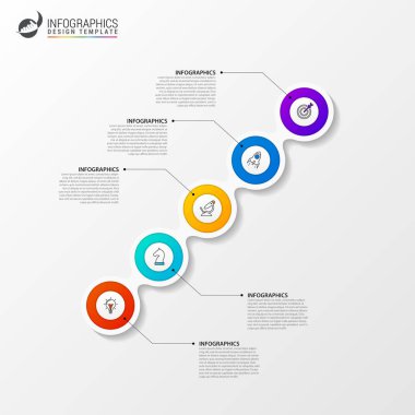 Infographic tasarım şablonu. 5 adımlı yaratıcı bir kavram. İş akışı düzeni, diyagram, pankart, web tasarımı için kullanılabilir. Vektör illüstrasyonu