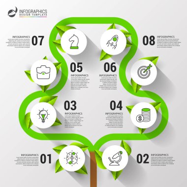 Infographic tasarım şablonu. 8 adımlı yaratıcı bir kavram. İş akışı düzeni, diyagram, pankart, web tasarımı için kullanılabilir. Vektör illüstrasyonu