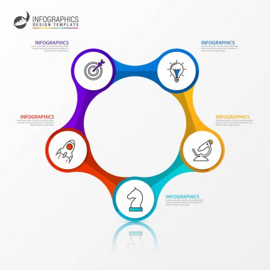 Infographic tasarım şablonu. 5 adımlı yaratıcı bir kavram. İş akışı düzeni, diyagram, pankart, web tasarımı için kullanılabilir. Vektör illüstrasyonu