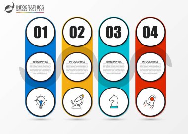 Infographic tasarım şablonu. Dört adımlı yaratıcı bir kavram. İş akışı düzeni, diyagram, pankart, web tasarımı için kullanılabilir. Vektör illüstrasyonu
