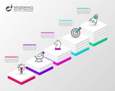 Infographic tasarım şablonu. 5 adımlı yaratıcı bir kavram. İş akışı düzeni, diyagram, pankart, web tasarımı için kullanılabilir. Vektör illüstrasyonu