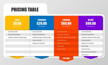 Infographic tasarım şablonu. Fiyat masası konsepti. İş akışı düzeni, diyagram, pankart, web tasarımı için kullanılabilir. Vektör illüstrasyonu