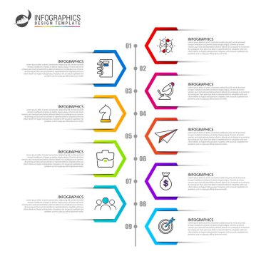 Infographic tasarım şablonu. 9 adımlı zaman çizelgesi konsepti. İş akışı düzeni, diyagram, pankart, web tasarımı için kullanılabilir. Vektör illüstrasyonu