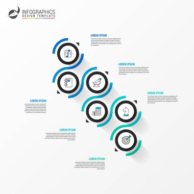 Infographic tasarım şablonu. 6 adımlı zaman çizelgesi konsepti. İş akışı düzeni, diyagram, pankart, web tasarımı için kullanılabilir. Vektör illüstrasyonu