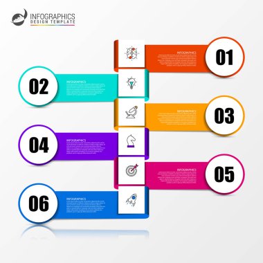Infographic tasarım şablonu. 6 basamaklı yaratıcı bir kavram. İş akışı düzeni, diyagram, pankart, web tasarımı için kullanılabilir. Vektör illüstrasyonu
