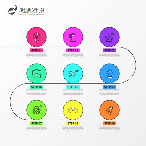 Infographic tasarım şablonu. Zaman çizelgesi kavramı 9 adım ile