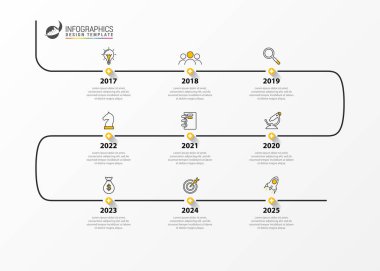 Infographic tasarım şablonu. Zaman çizelgesi kavramı 9 adım ile