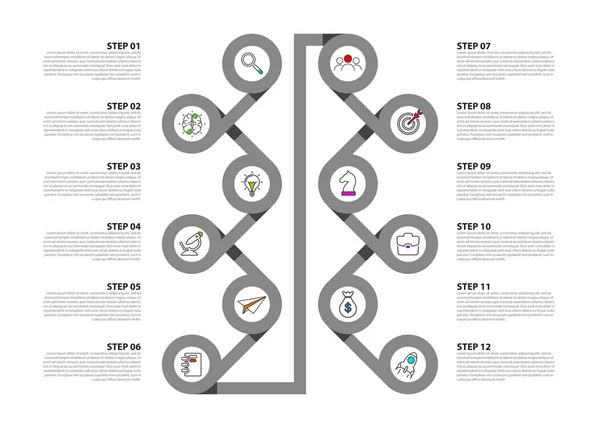 Szablon projektu infograficznego. Koncepcja osi czasu z 12 krokami — Wektor stockowy