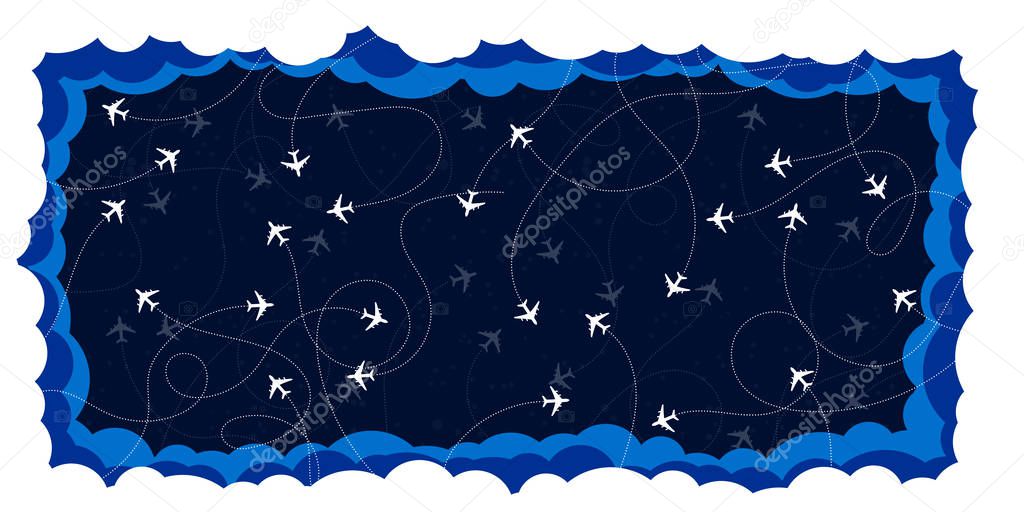 Planes on blue background. Pattern with airplanes. Vector