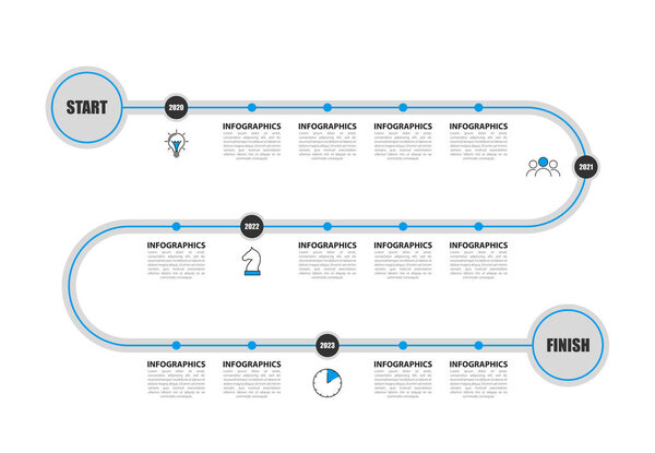 Инфографический шаблон дизайна. Концепция хронологии в синем стиле
