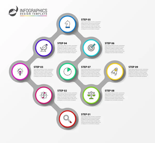 Infographic ontwerpsjabloon. Tijdlijn concept met 9 stappen — Stockvector
