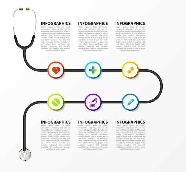 Медицина и здоровье. Инфографический шаблон дизайна со стетоскопом — стоковый вектор