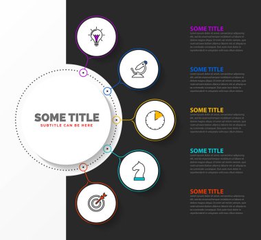 Infographic tasarım şablonu. 5 adımlı yaratıcı bir kavram. İş akışı düzeni, diyagram, pankart, web tasarımı için kullanılabilir. Vektör illüstrasyonu
