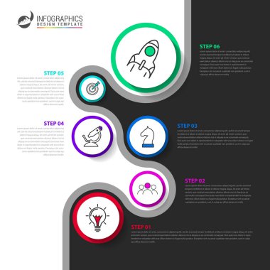 Infographic tasarım şablonu. 6 basamaklı yaratıcı bir kavram. İş akışı düzeni, diyagram, pankart, web tasarımı için kullanılabilir. Vektör illüstrasyonu