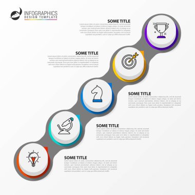 Infographic tasarım şablonu. 5 adımlı yaratıcı bir kavram. İş akışı düzeni, diyagram, pankart, web tasarımı için kullanılabilir. Vektör illüstrasyonu