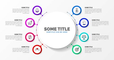 Infographic tasarım şablonu. 8 adımlı yaratıcı bir kavram. İş akışı düzeni, diyagram, pankart, web tasarımı için kullanılabilir. Vektör illüstrasyonu