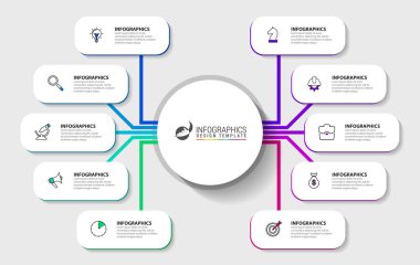 Infographic tasarım şablonu. 10 adımlı yaratıcı bir kavram. İş akışı düzeni, diyagram, pankart, web tasarımı için kullanılabilir. Vektör illüstrasyonu