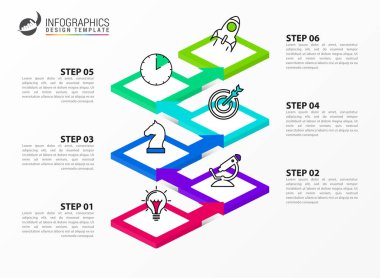 Infographic tasarım şablonu. 6 basamaklı yaratıcı bir kavram. İş akışı düzeni, diyagram, pankart, web tasarımı için kullanılabilir. Vektör illüstrasyonu