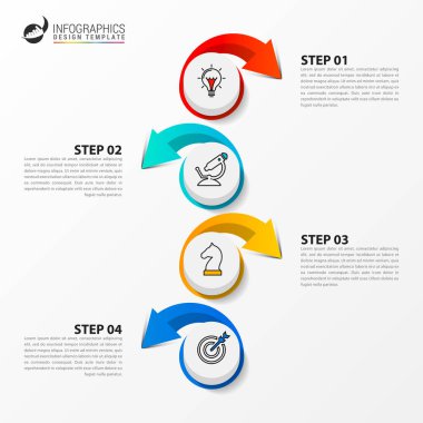 Infographic tasarım şablonu. Dört adımlı yaratıcı bir kavram. İş akışı düzeni, diyagram, pankart, web tasarımı için kullanılabilir. Vektör illüstrasyonu