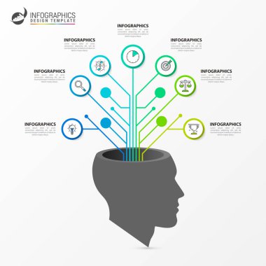 Infographic tasarım şablonu. 7 aşamalı yaratıcı bir kavram. İş akışı düzeni, diyagram, pankart, web tasarımı için kullanılabilir. Vektör illüstrasyonu