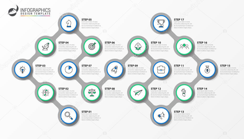 Infographic design template. Timeline concept with 17 steps. Can be used for workflow layout, diagram, banner, webdesign. Vector illustration